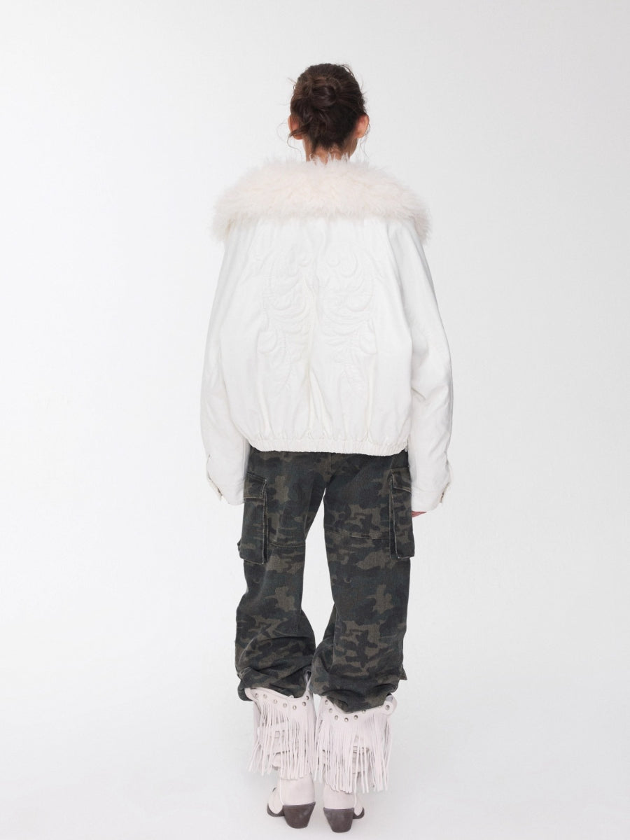 Embroidered Faux Fur Collar Leather Jacket