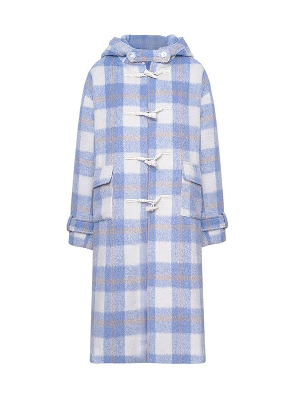 Blue Check Hooded Wool Coat