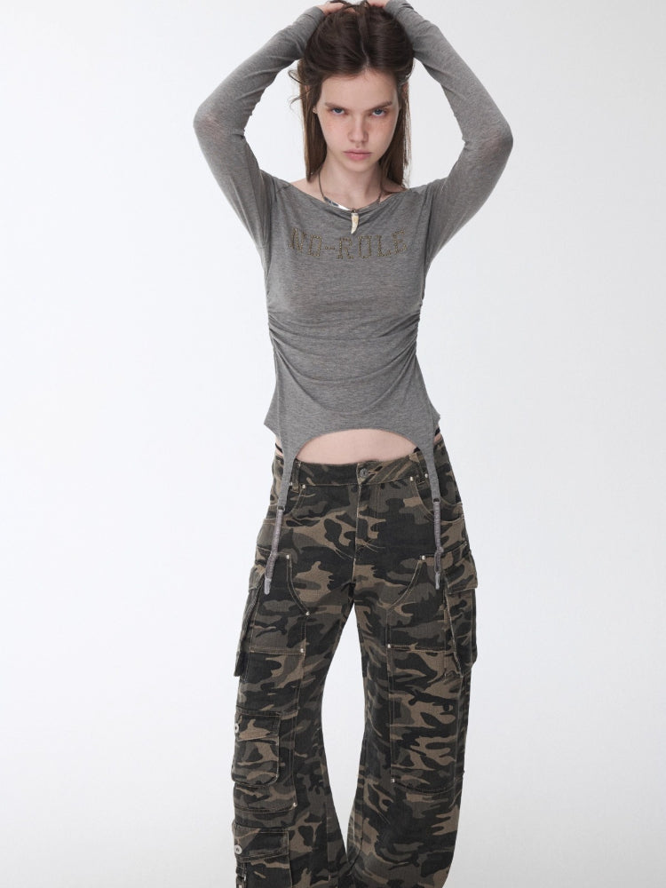 Garter Rhinestone Ruched Knit Top