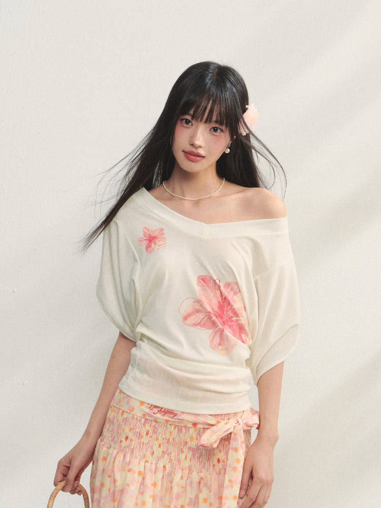 Floral V-Neck Bat-Sleeve T-Shirt