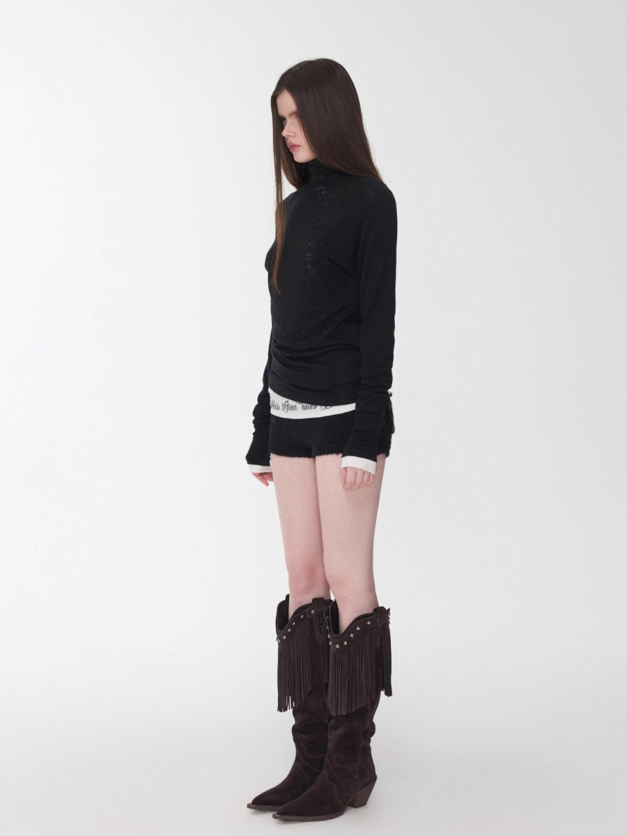 Rhinestone High Neck Raglan Knit Top