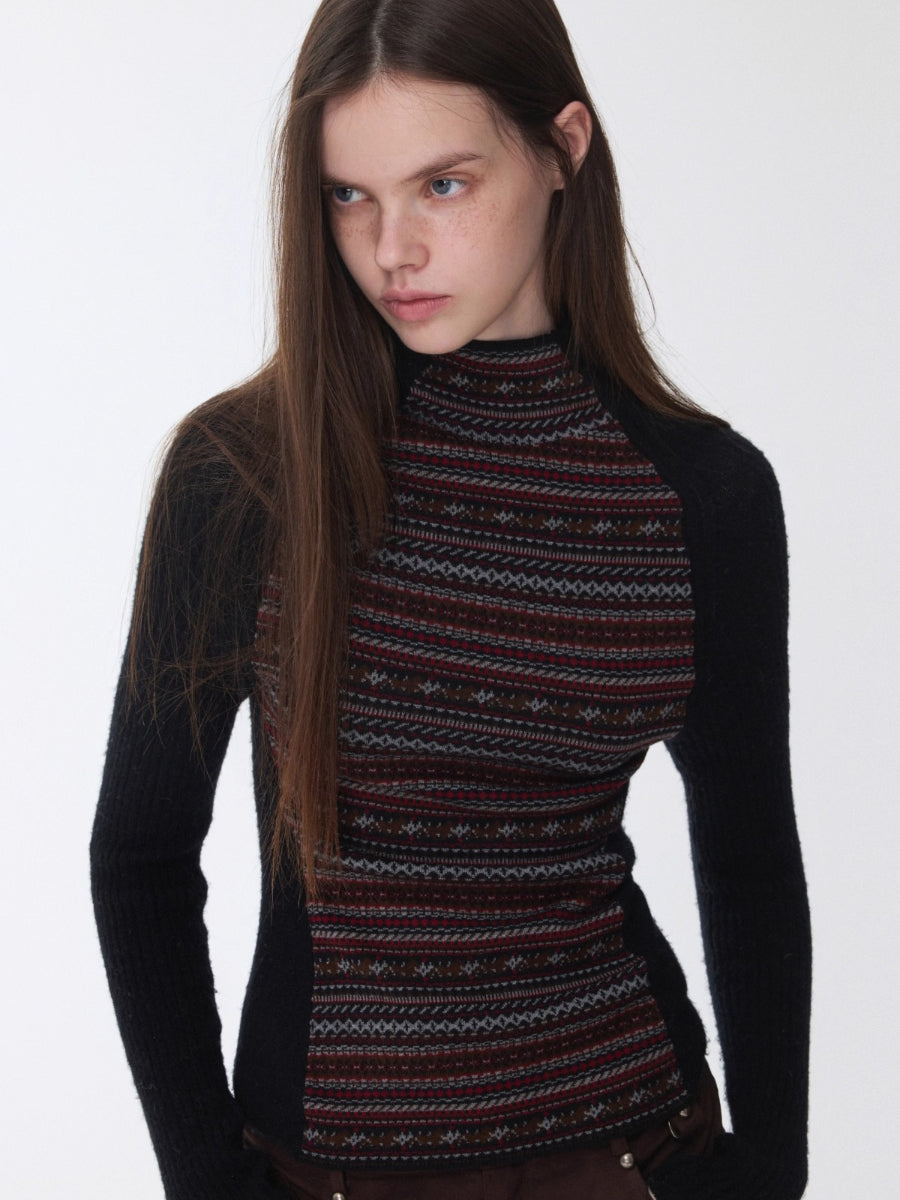 Fair Isle Turtleneck Raglan Sleeve Colorblock Knit Base Layer
