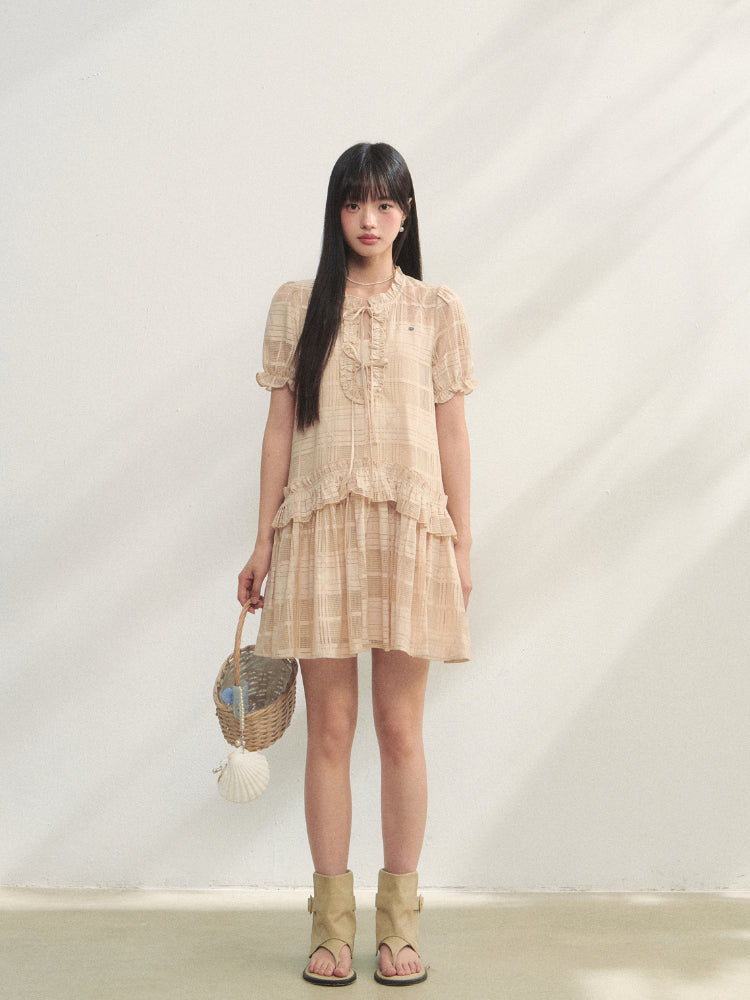 Checkered Hollow-Out Ruffled Dress Set