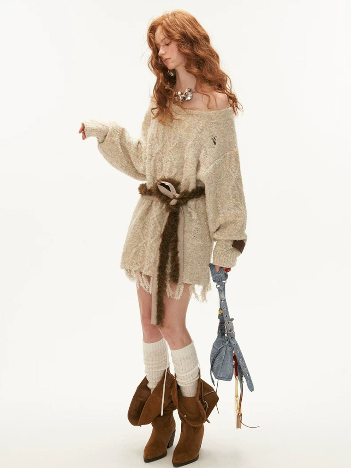 Off-Shoulder Fringe Knit Sweater