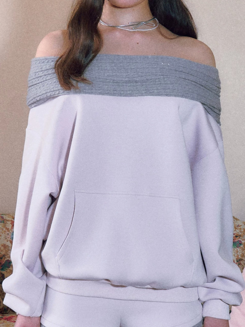 Pink Foldover Off-Shoulder Sweatshirt
