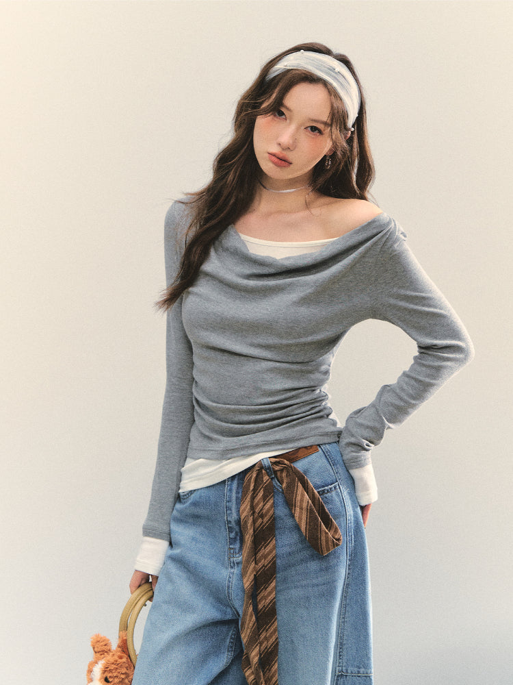 Dangle Collar Fake Two-Piece Color-Blocked Blouse