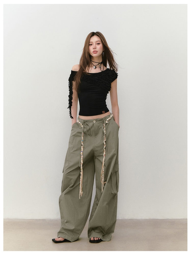 Wide-Leg Beaded Cargo Large Pockets Pants