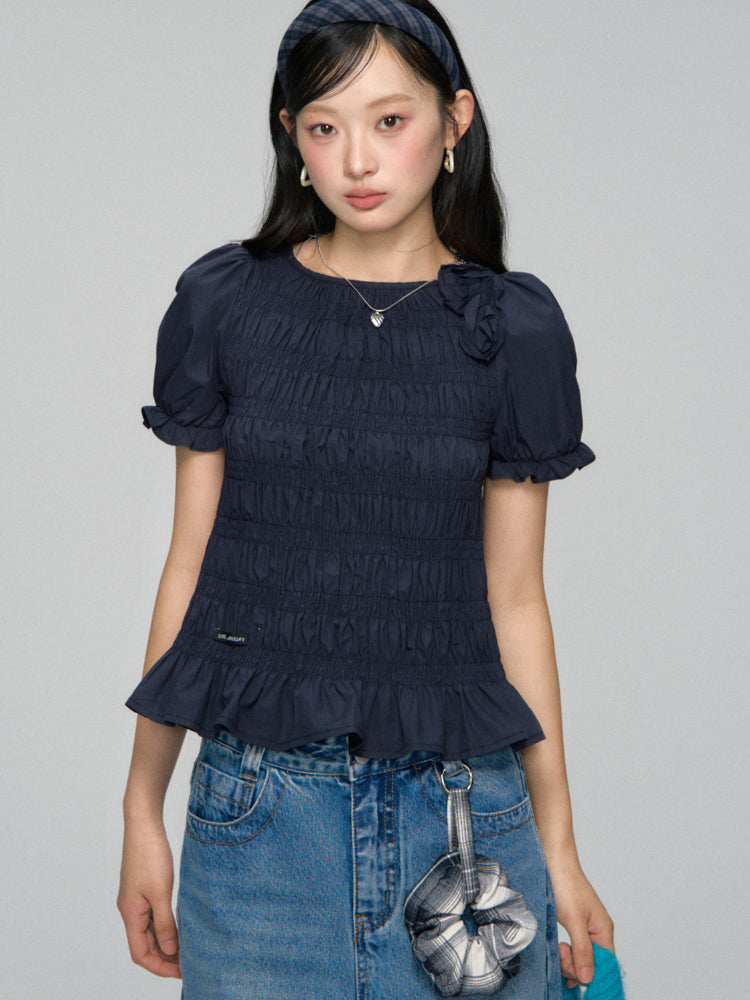 Three-Dimensional Flower Pleated Short-Sleeve Blouse
