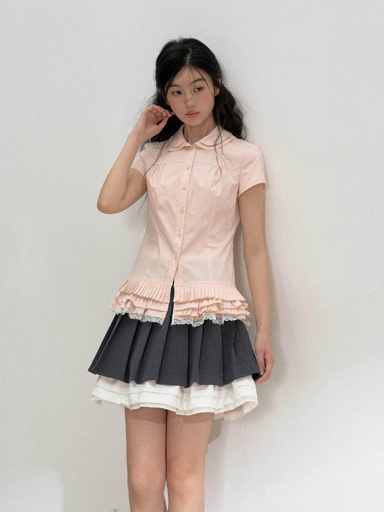 Pink Embroidered Collar Lace Shirt