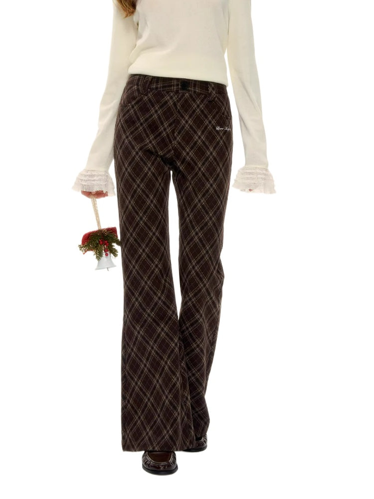 Plaid Embroidery Flared Pants