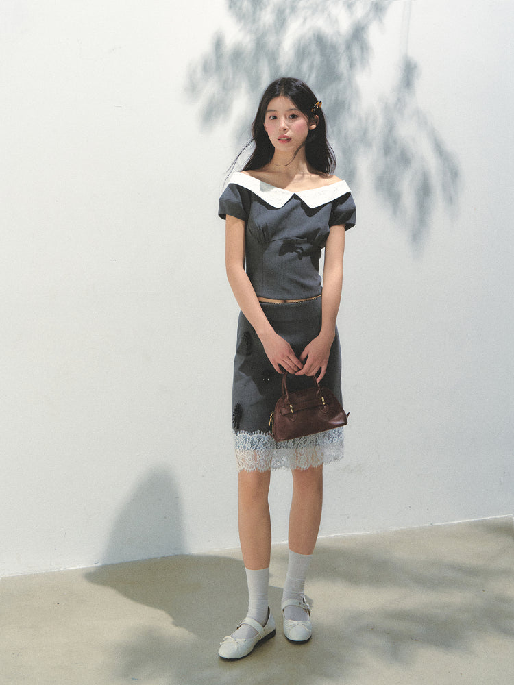 Dark Gray Princess Sleeve Top & skirt set