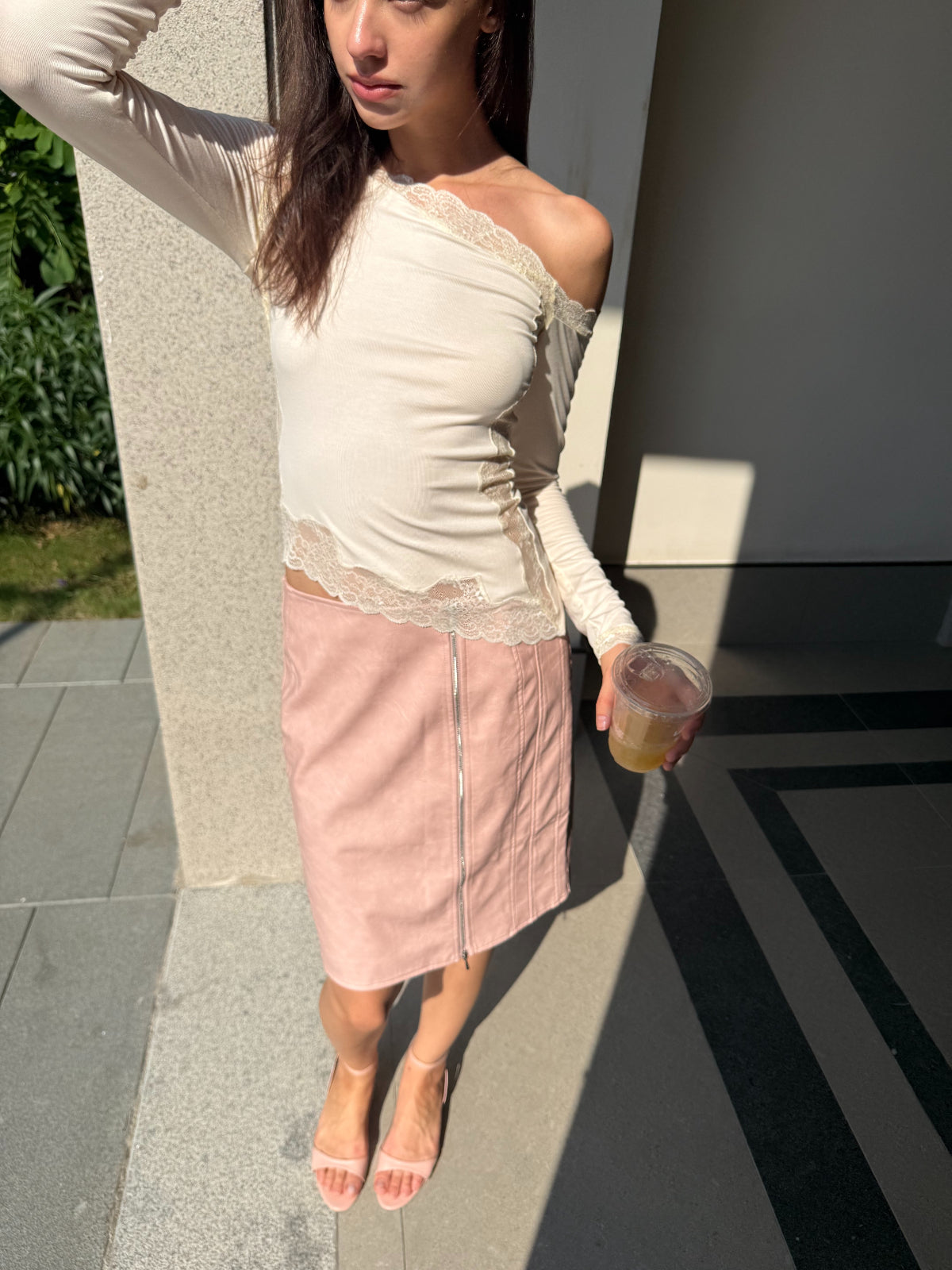 Pink PU Leather Zip Skirt