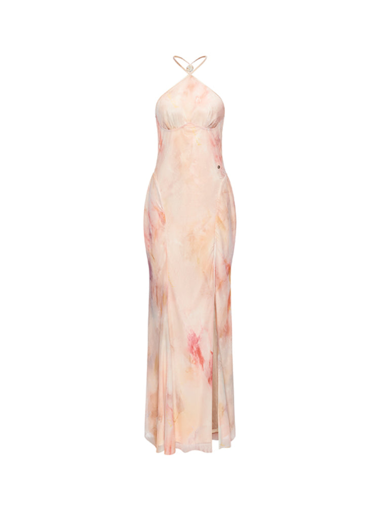 Net Fabric Halter Neck Backless High Slit Floral Print Dress