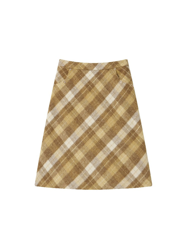 Yellow Plaid Wool-Blend A-Line Skirt