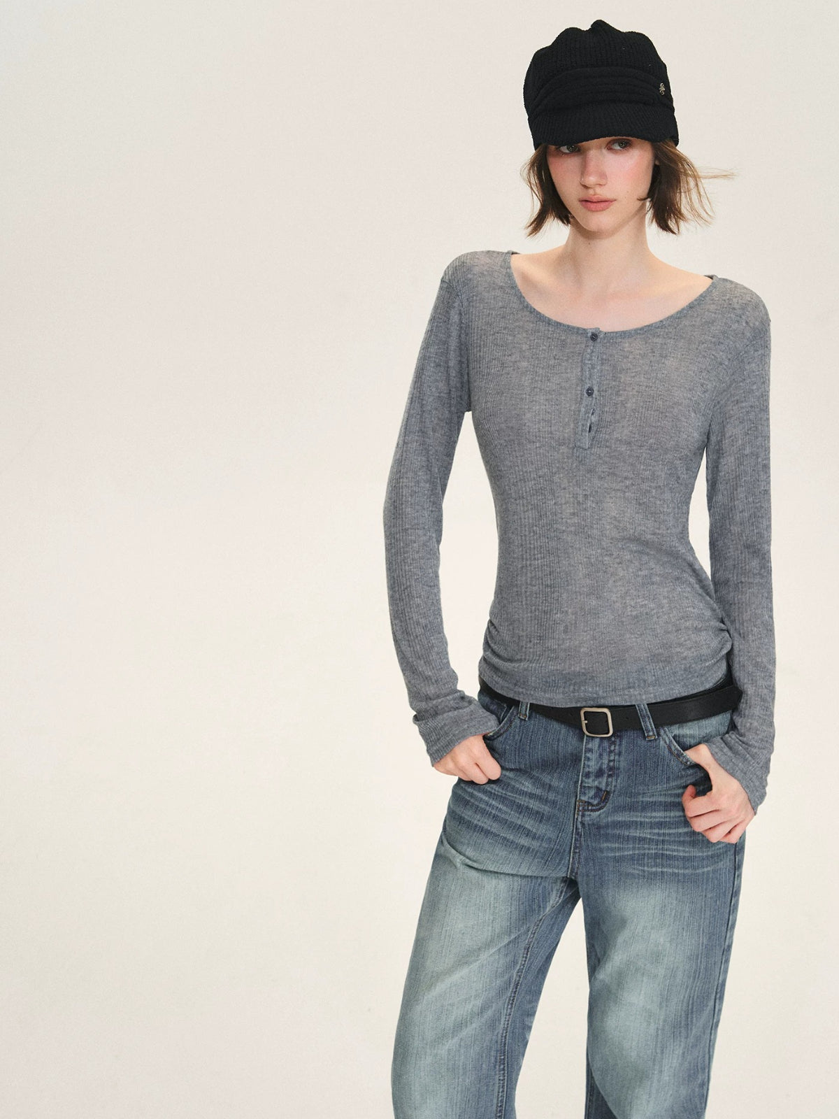 Ribbed Henley Long Sleeve Top