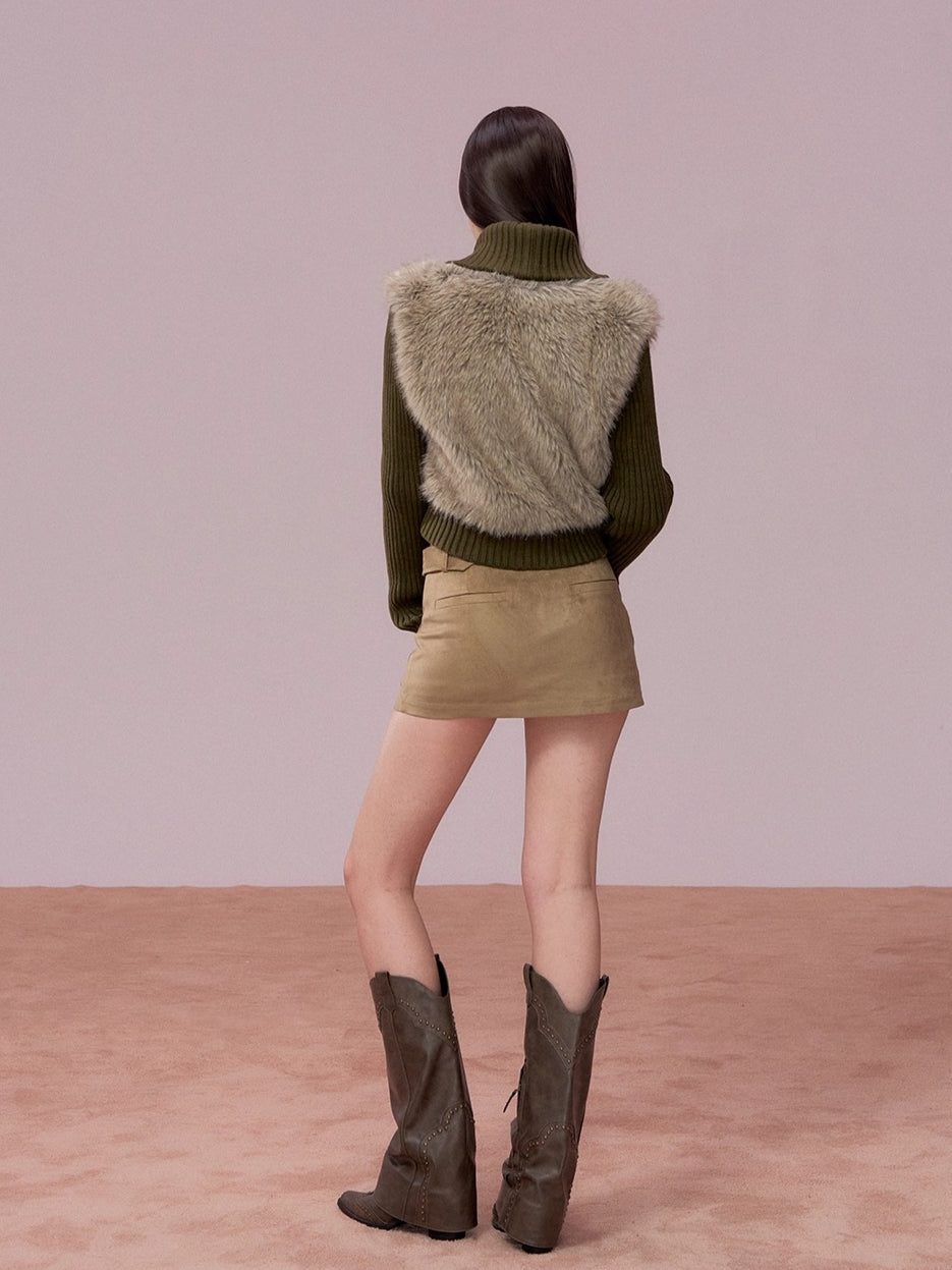 Faux Fur Panel Knitted Short Jacket