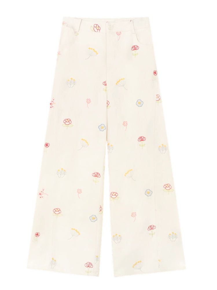 Floral Embroidered Casual Straight-leg Pants