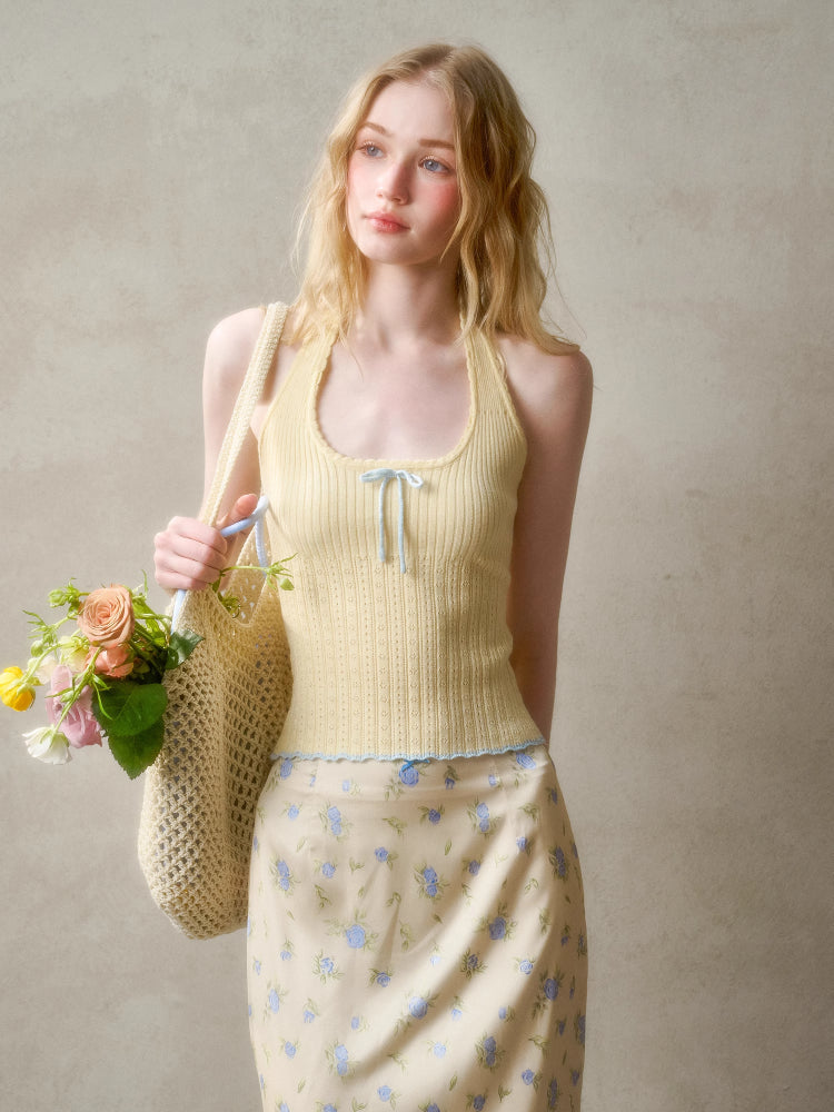 Hollow-out Color-blocking Knit Top