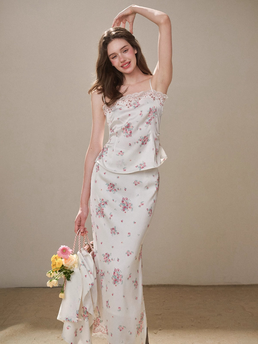 Cosagach Pearl Satin Embroidered Camisole & Skirt Set