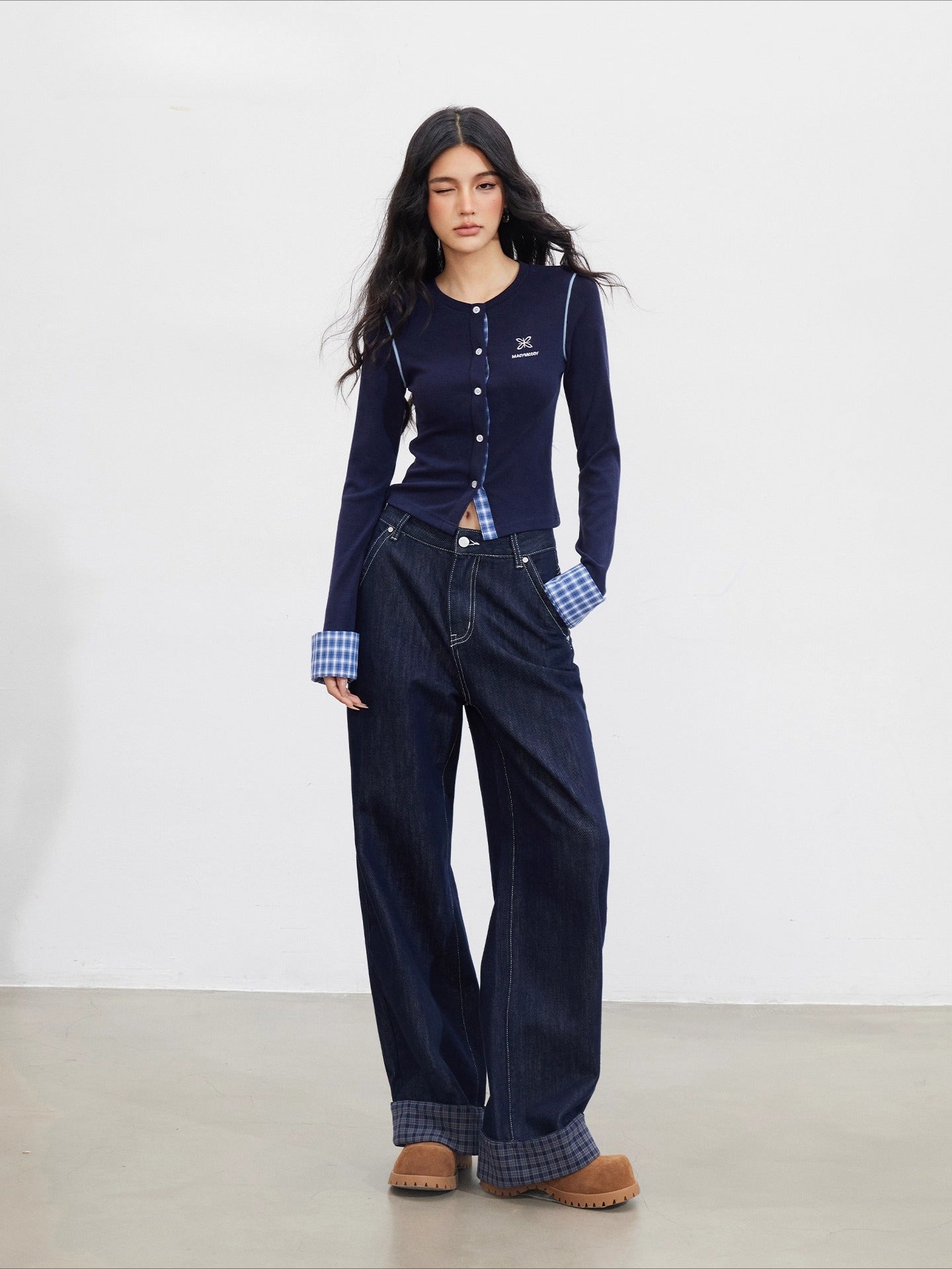 Navy Blue Plaid Patchwork Denim Wide-Leg Pants