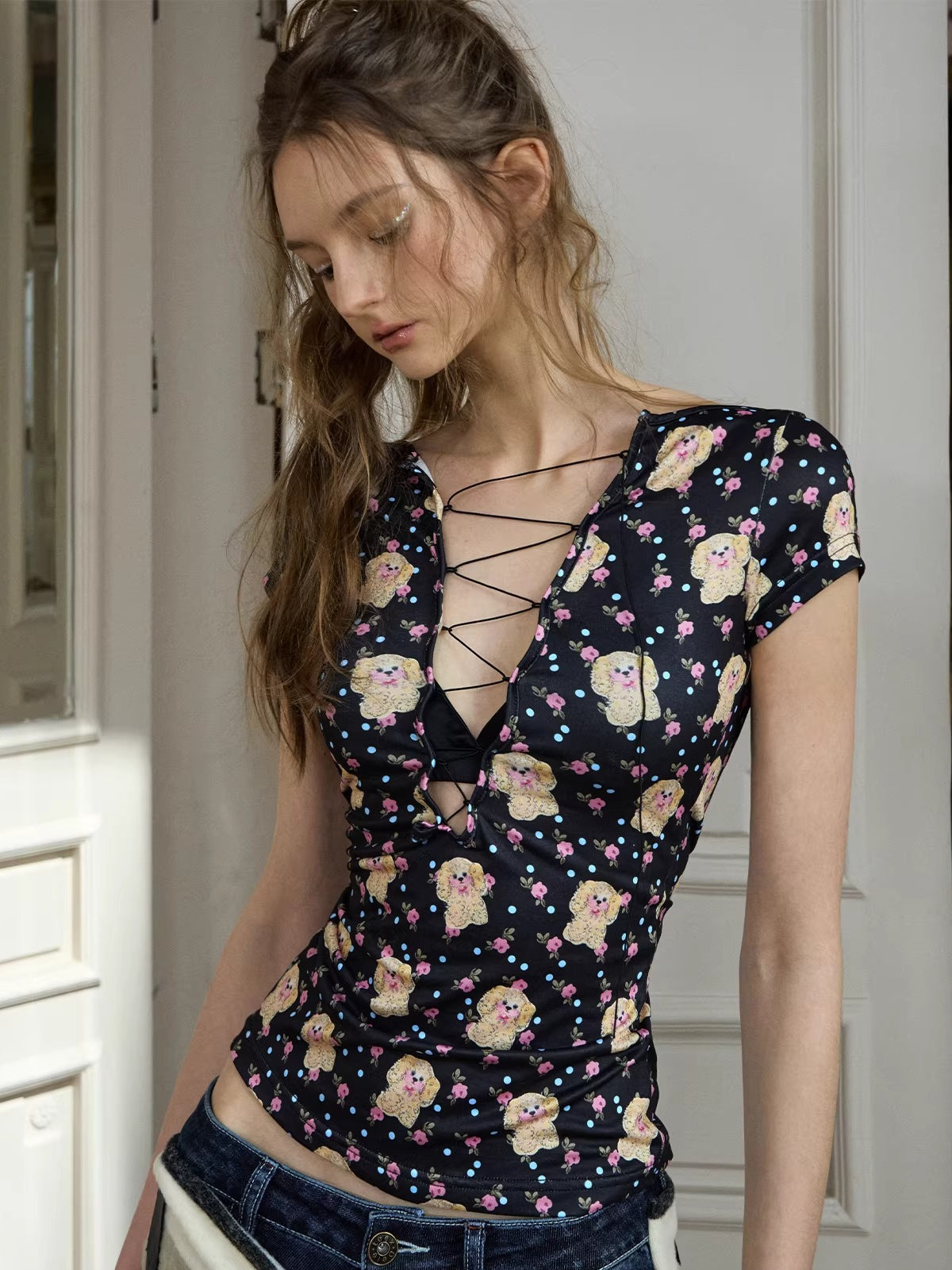 Printed Drawstring V-neck Tee