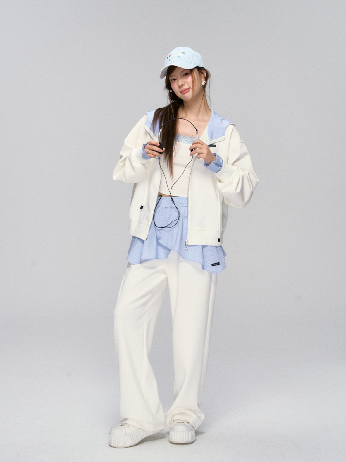 White Plaid Panel Hoodie & Pants Set