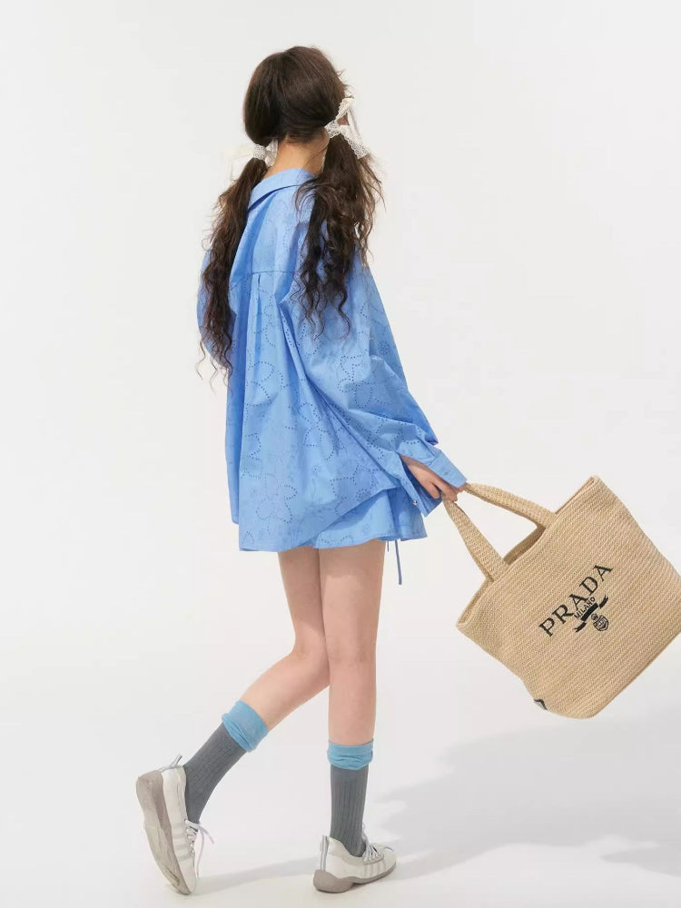 Collar Cut-Out Floral Shirt & Skirt Set