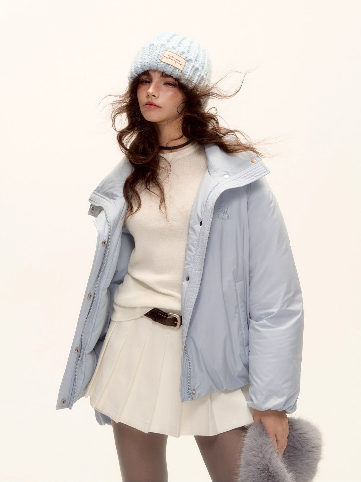 Detachable Fur Collar Short Down Jacket & Gloves Set