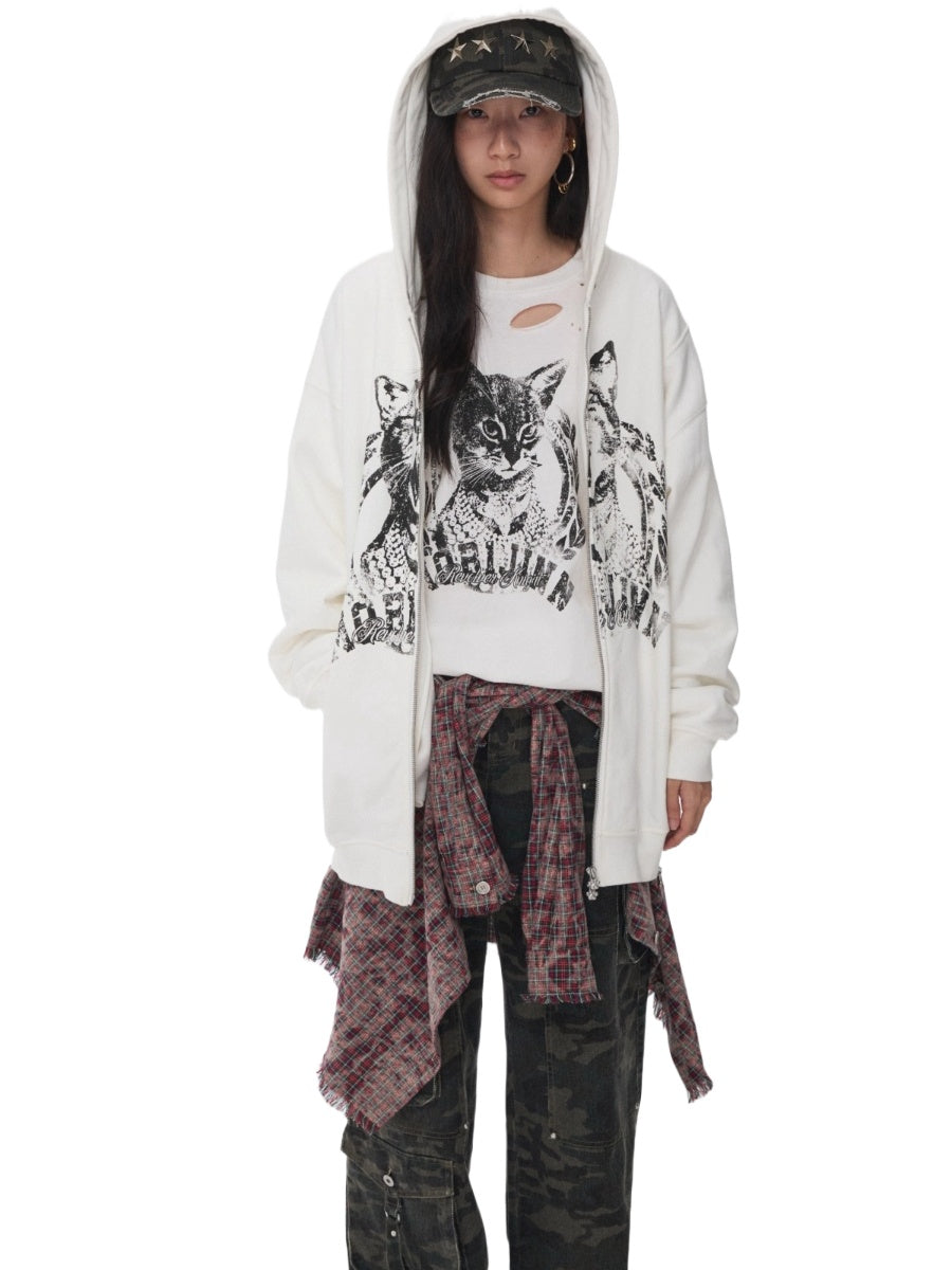 Cat Graphic Double-Zip Convertible Hoodie Jacket