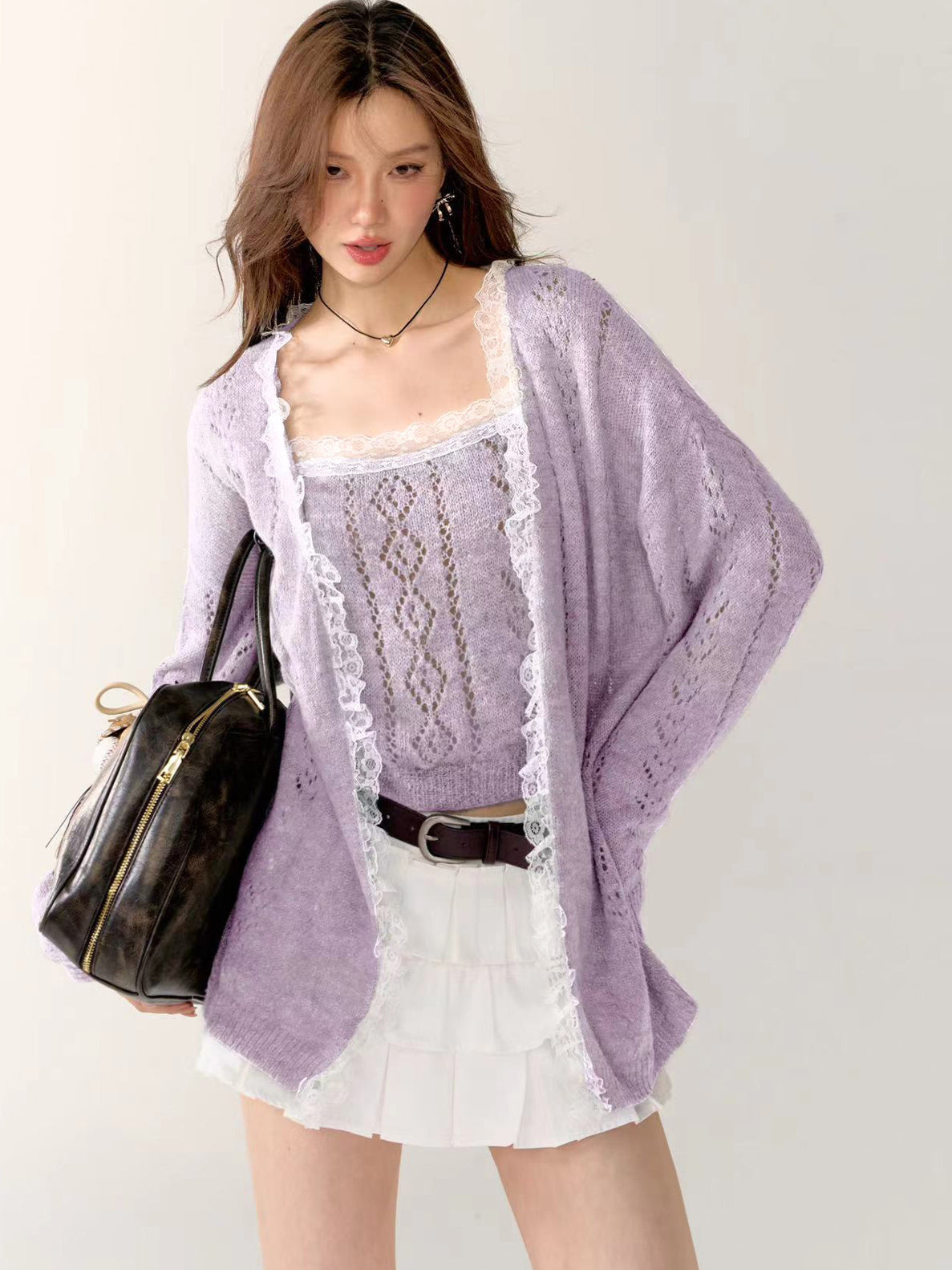 Gray & Purple Lace Trim Cardigan