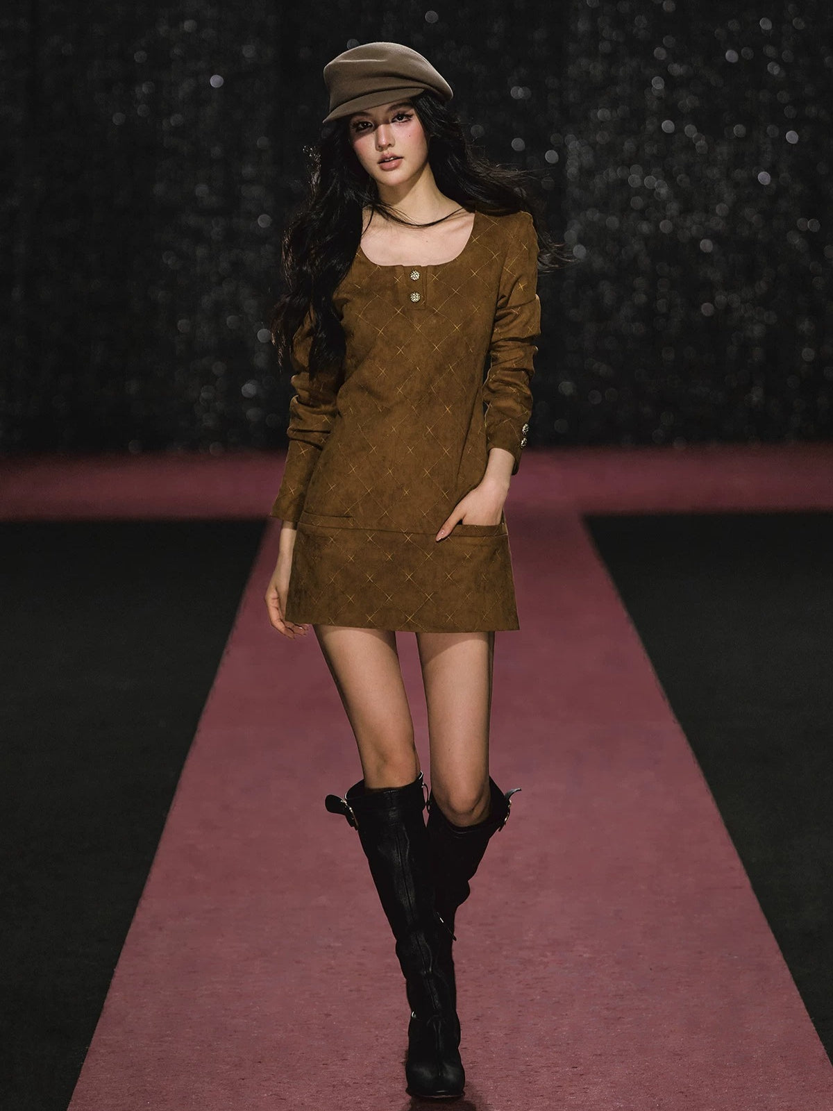 Suede Diamond Cinched Waist Dress