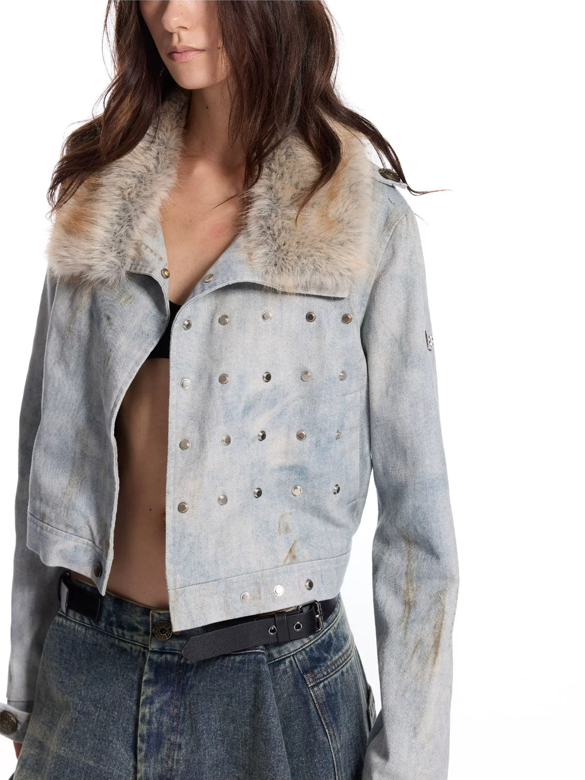 Distressed Fur Collar Denim Jacket
