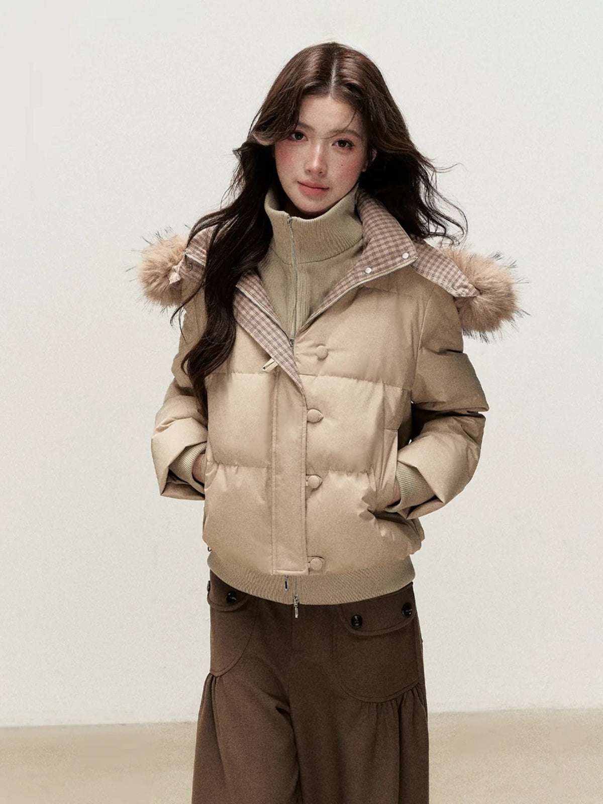 Faux Layered Fur-Trim Hooded Down Jacket