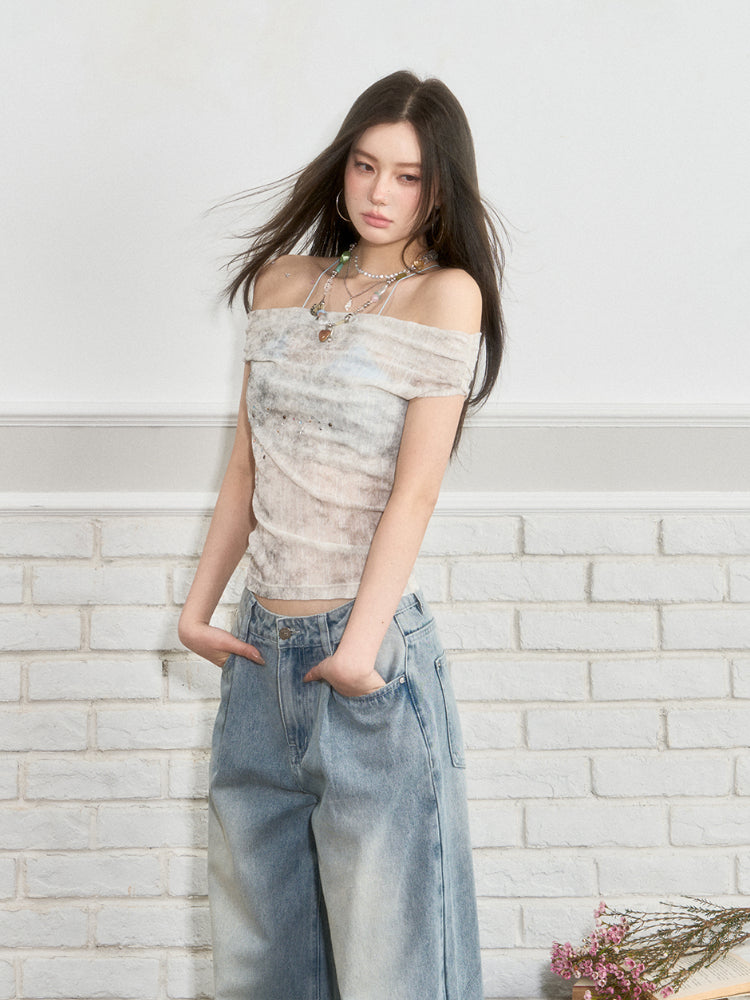 Colorful Rhinestone One-Shoulder Top T-shirt