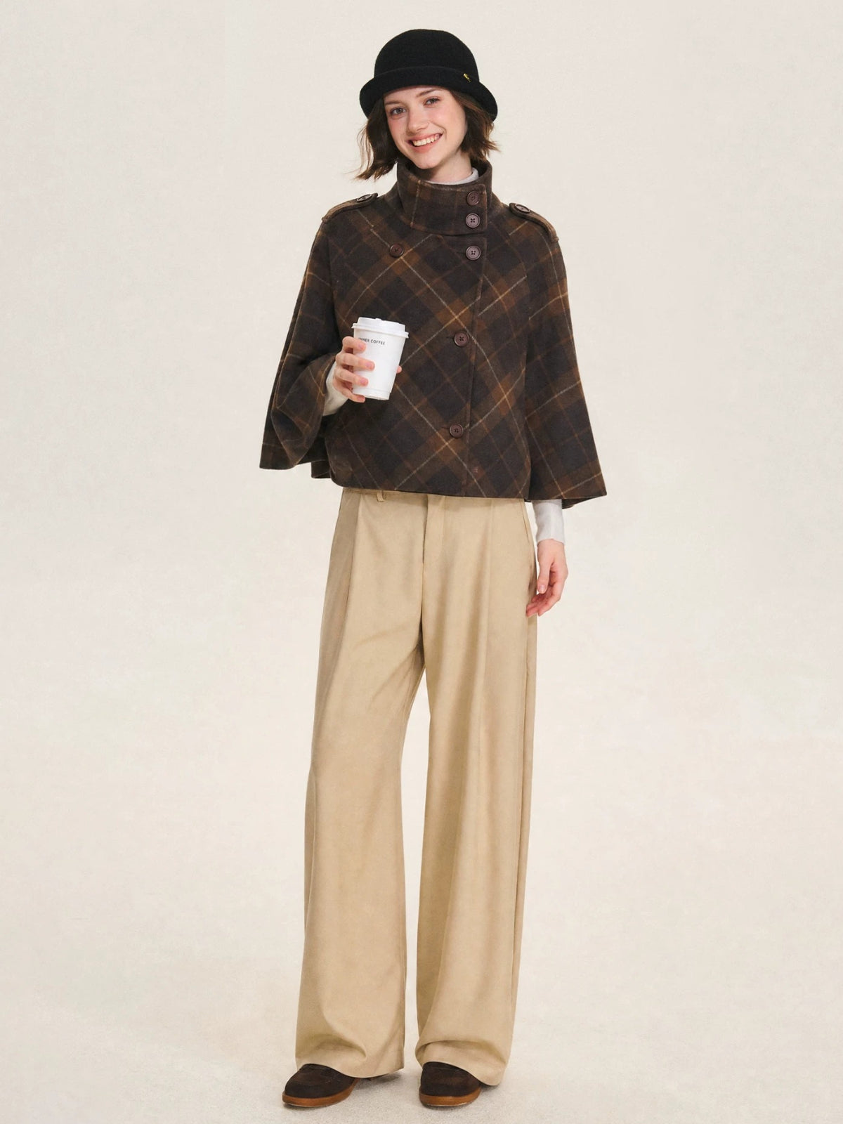 Checked Wool Blend Cape Coat