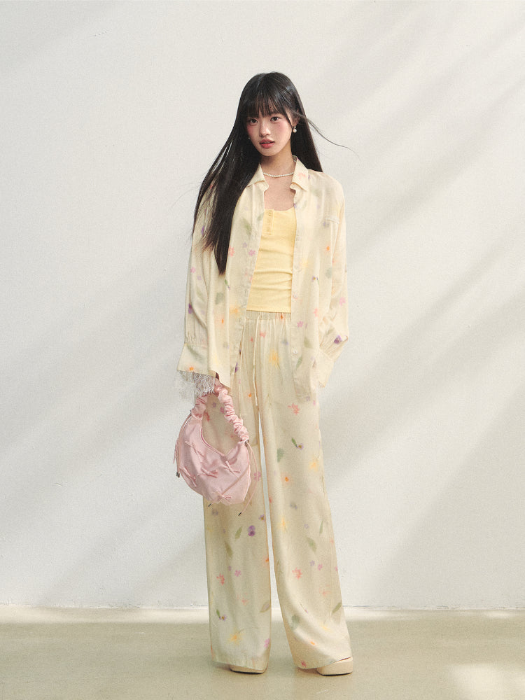 Floral Elastic Waist Straight Leg Casual Pants