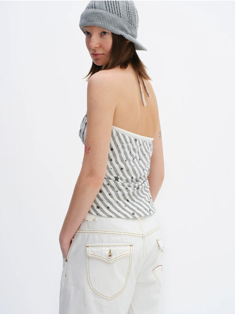 Fake Two-Piece Star Stripe Halter Top