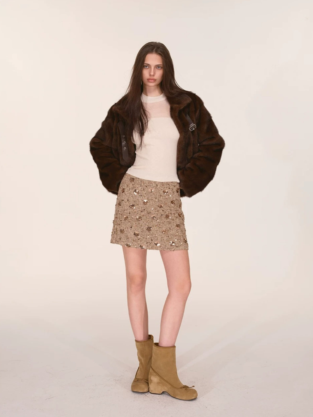 Sequined Contrast Waist Tweed Mini Skirt