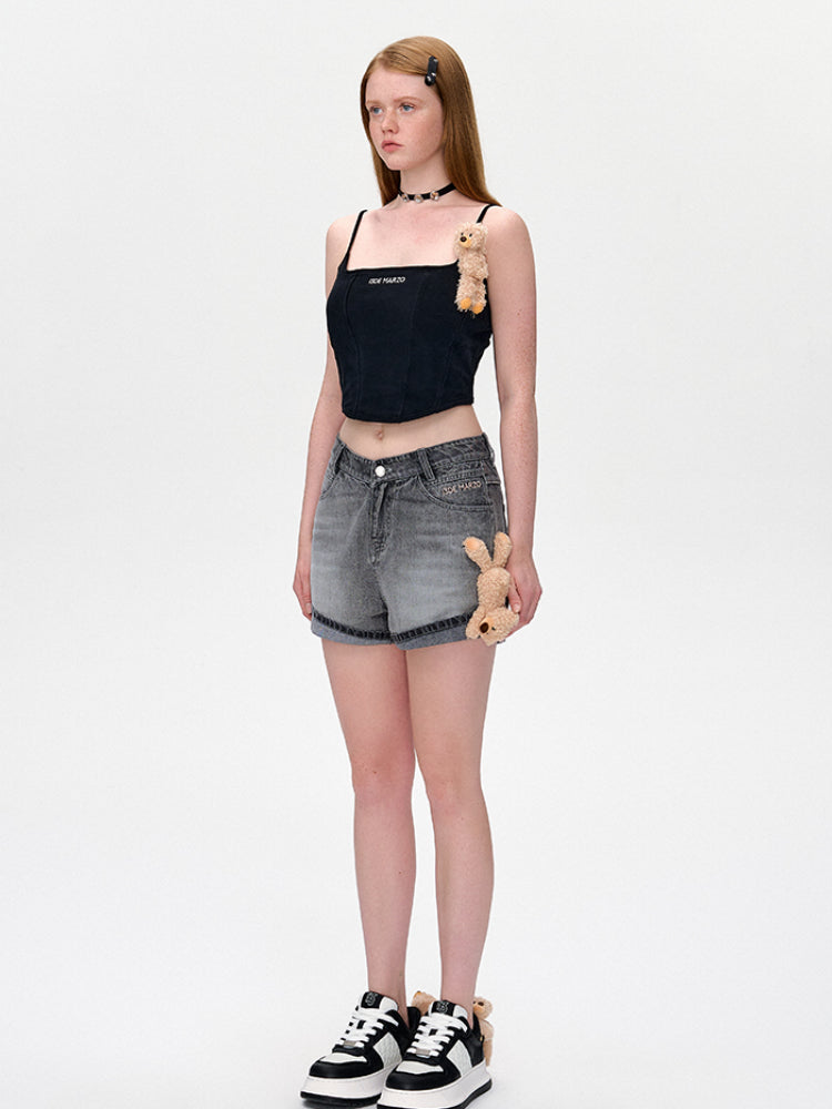 Cuffed A-Line Denim Shorts