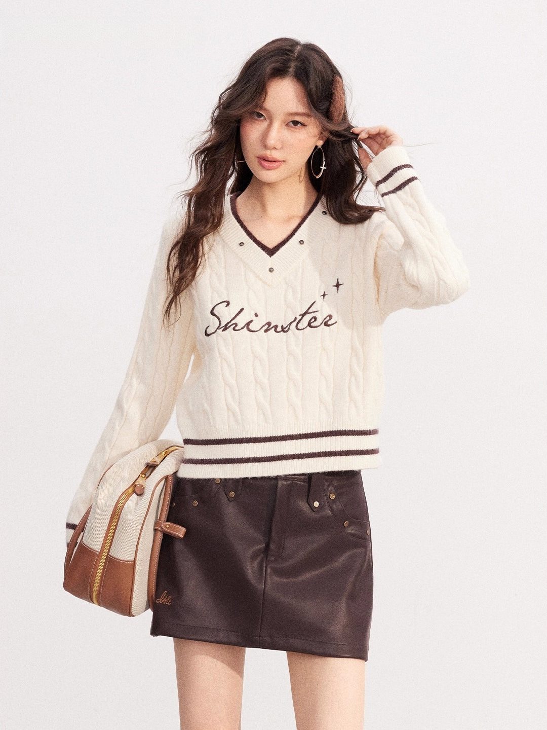 Color Block Stripes V-neck Embroidered Sweater