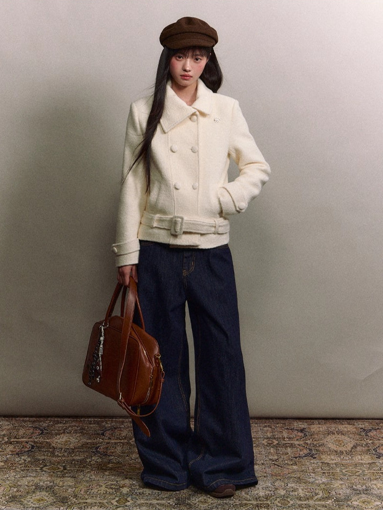 Diagonal Collar Double-Breasted Wool Coat