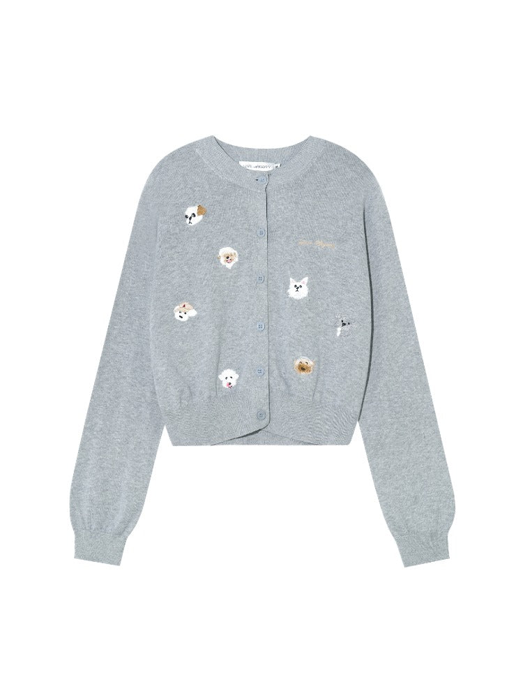 Gray & Apricot Puppy-Embroidered Knit Cardigan