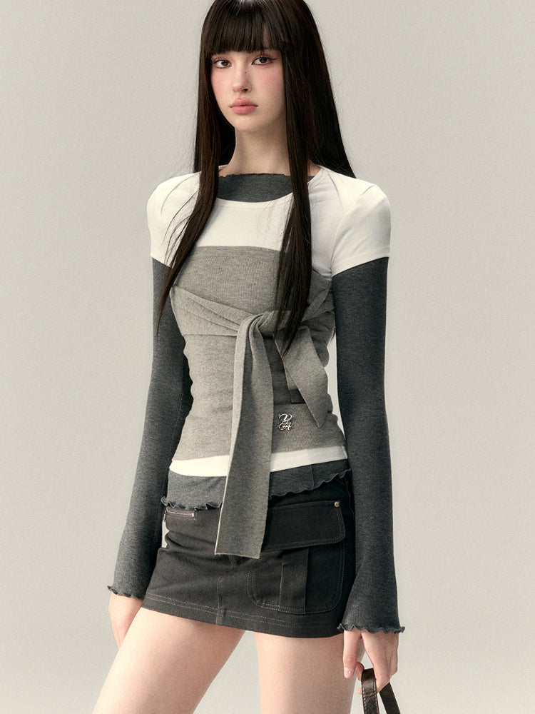 Gray & Navy Blue Tie-Knitted Top
