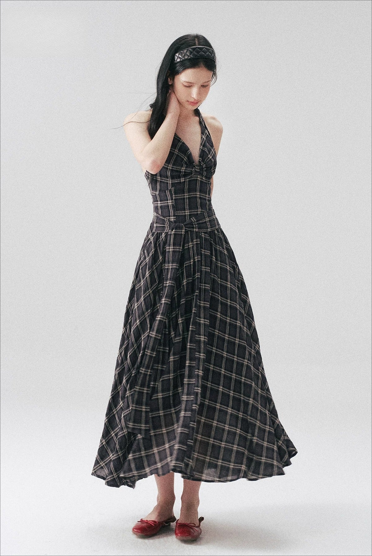 Vintage Plaid Halter Backless Midi Dress
