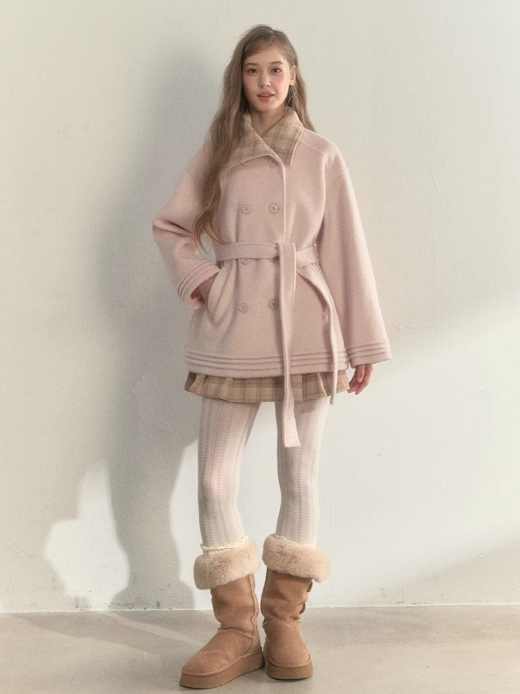 Plaid-Collar Double-Breasted Wool Coat