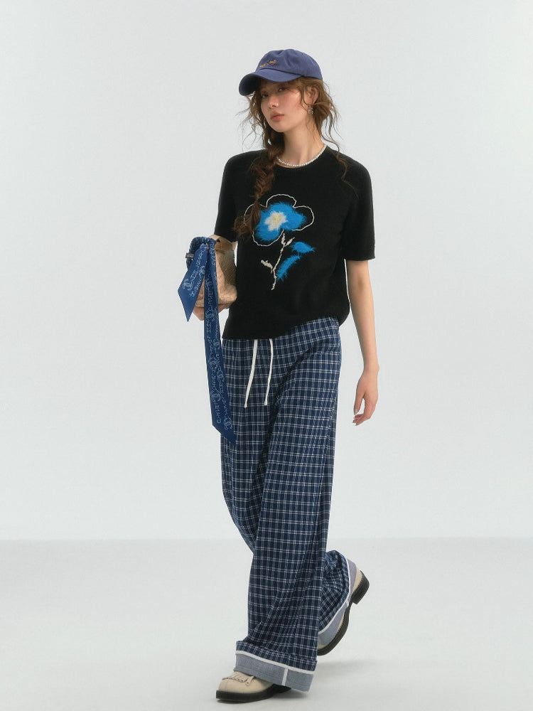 Embroidered Flower Knit Short Sleeve T-shirt