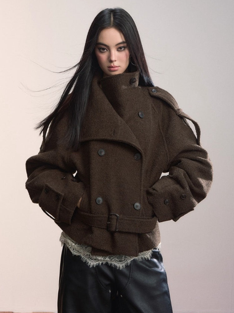 Contrast Double-Breasted Wool-Blend Coat