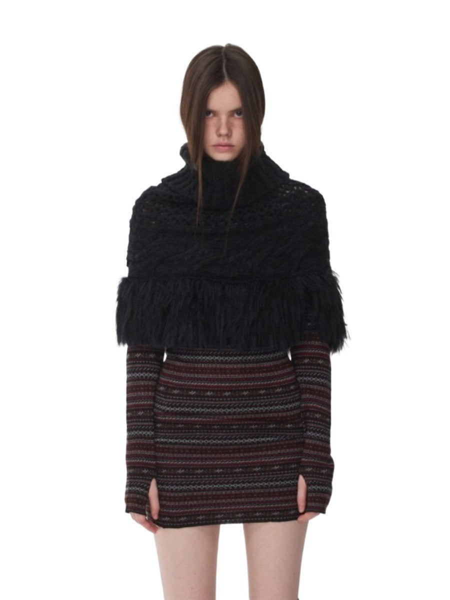 Cable Knit Fringed High-Neck Wool Blend Poncho