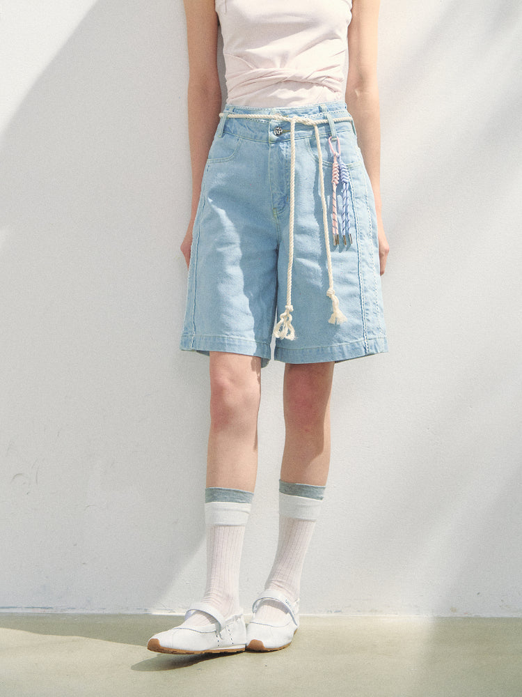 Lace-adorned Polka-dot Denim Capri Pants