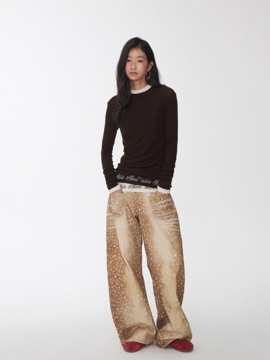 Vintage Deer Print Curved-Leg Canvas Pants